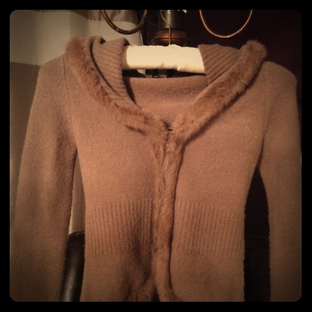 Gorgeous chocolate brown sweater with fur trim